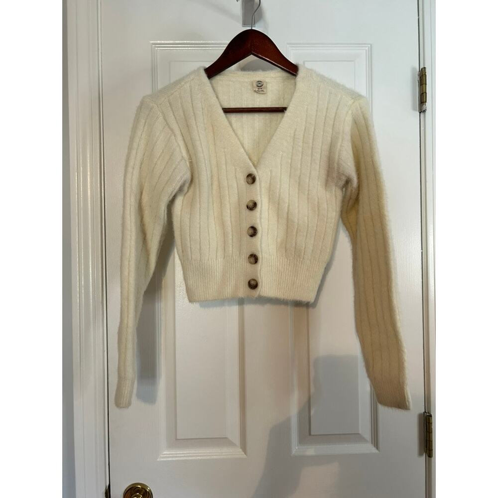 Urban Outfitters Ribbed Cropped Button Cardigan Cream Fuzzy Knit Women XS